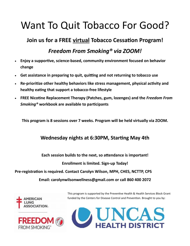Free Virtual Tobacco Cessation Program UNCAS Health District