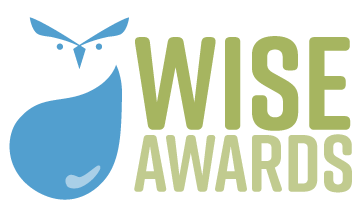 Wise Awards in green beside stylized water drop owl in blue