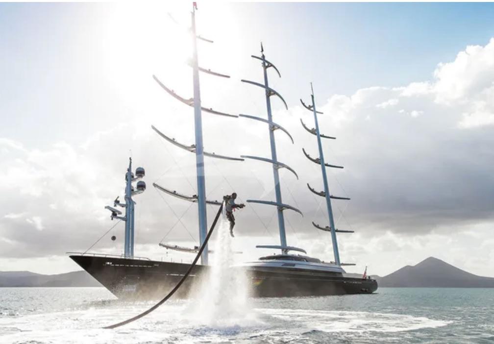 Passenger jettisoning off water near 289ft sailing yacht Maltese Falcon