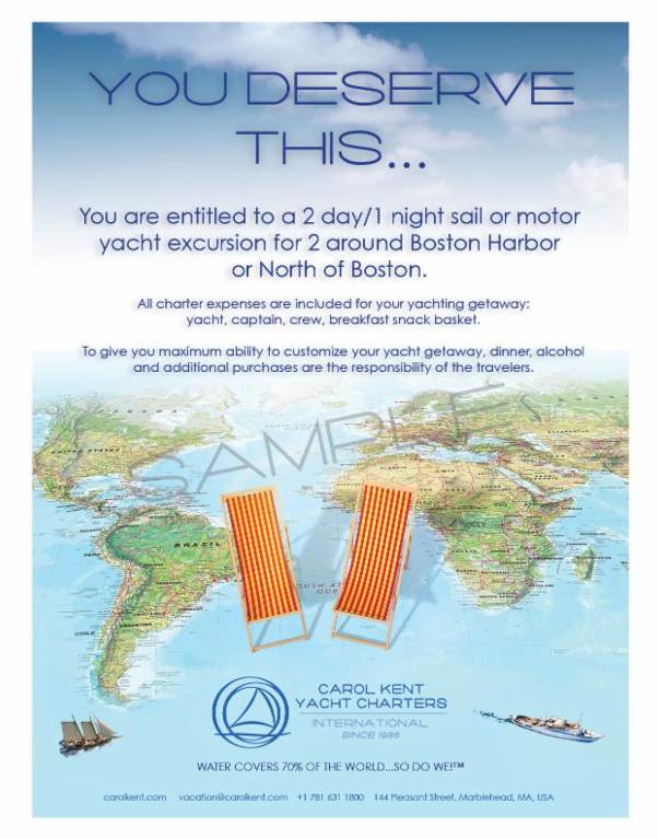 Gift certificate w beach chairs and boats on a world map