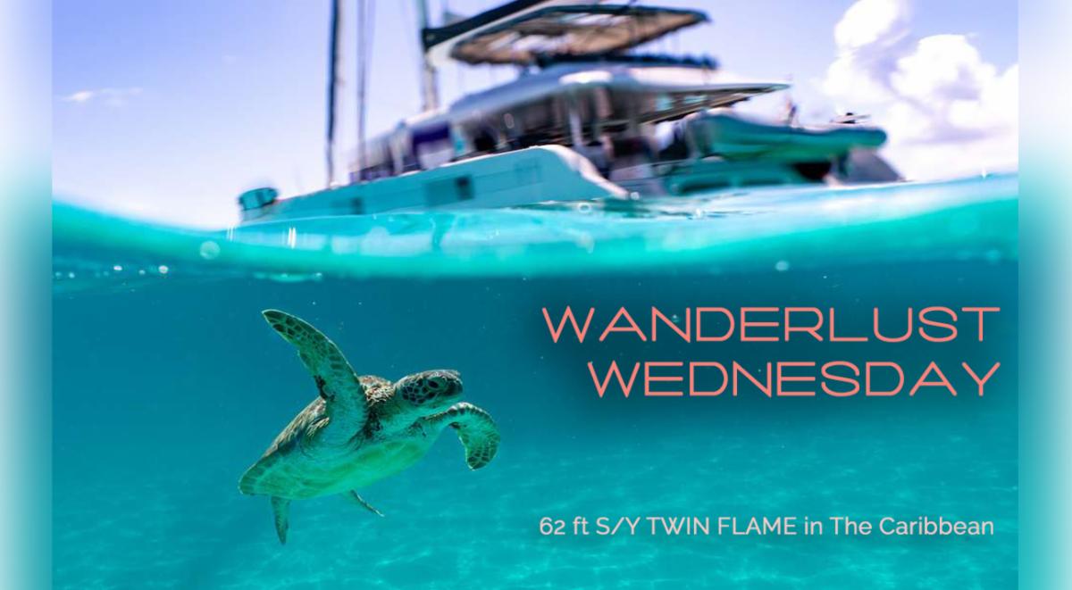 Sea tortoise swimming below blue Caribbean water with 62ft Lagoon catamaran TWIN FLAME floating above