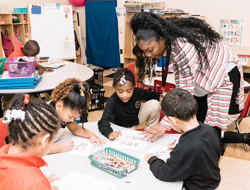 students at a tble with teacher