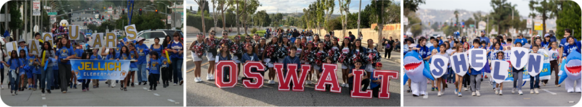 A three-photo collage of school groups participating in a community parade. The first photo shows students in blue shirts carrying large gold letters and a “Jellich Elementary” banner. The second shows a group in red and black holding large “OSWALT” letters. The third shows students in blue shirts carrying large “SHELYN” letters, accompanied by shark-themed decorations and blue-and-white costumes.