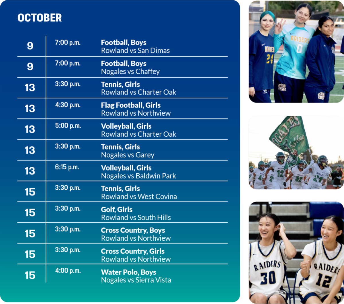 Continuation of October sports schedule. 3 photo collage to the right of various sports