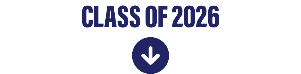 Dark purple text that says "CLASS OF 2026" with a dark purple circle with an arrow pointing down
