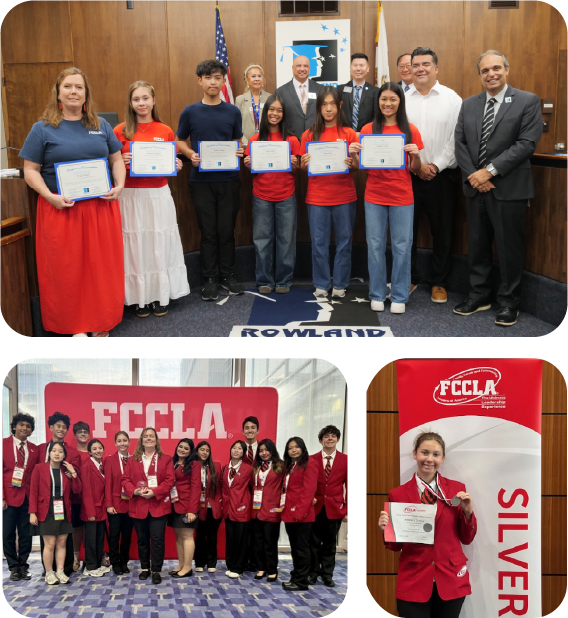 A three-photo collage highlighting FCCLA students and achievements: top, students and educators hold certificates during a recognition ceremony; bottom left, a group of FCCLA members in red jackets pose together at an FCCLA event; bottom right, a student in a red FCCLA jacket holds a certificate beside a “Silver” award banner.
