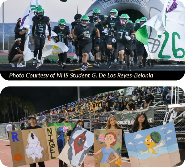 A two-photo collage featuring school spirit and football: cheerleaders in green and black uniforms pose on a track, while football players in green and black uniforms compete against a team in white during a game.