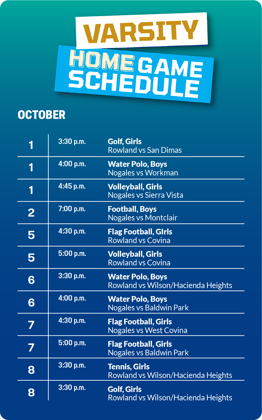 Varsity sports schedule for October 1-8. Games subject to change