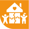 Orange icon of a house with a heart and three people connected by puzzle pieces, symbolizing family and community engagement.