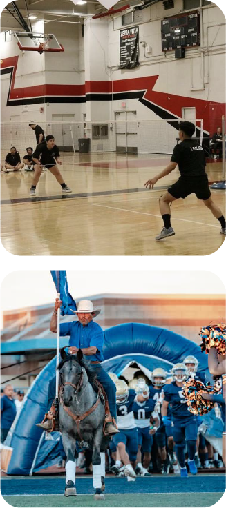  Student athletes competing and celebrating in various school sports.