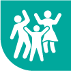 Green icon with a white graphic of three people dancing 