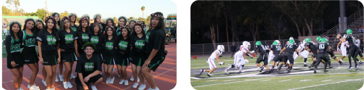 A two-photo collage featuring school spirit: football players in green and black uniforms run onto the field through banners, and students hold colorful handmade posters in the stands during a nighttime football game.