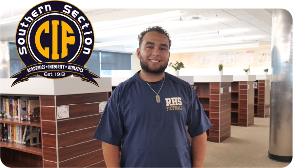 A student-athlete wearing a Rowland High School football shirt stands in a school library beside a Southern Section CIF logo.