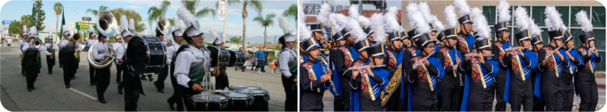 A two-photo collage featuring marching band performances. The left photo shows band members in white uniforms and tall hats marching down a street while playing brass instruments and drums. The right photo shows a line of musicians in blue and gold uniforms with white feather plumes playing woodwind and brass instruments.
