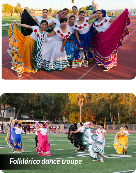 Two image collage: Image 1 A group of dancers in colorful traditional Mexican dresses pose together on a school track, holding their skirts out to display the vibrant patterns. Image 2 A folklórico dance troupe performs on a school football field, wearing colorful traditional Mexican dresses as they move with their skirts raised.