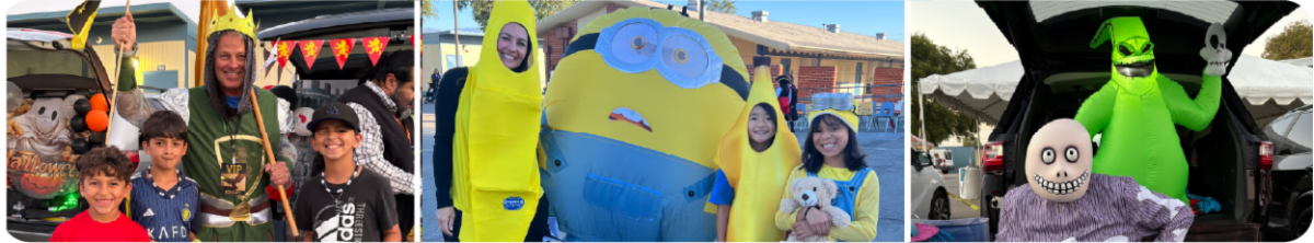 Halloween photo bar collage: A three-photo collage featuring Halloween festivities. The first photo shows an adult wearing a crown and costume posing with children in front of a decorated vehicle. The second shows people dressed as Minions, including a large Minion costume and children holding a stuffed toy. The third shows a person in a bright green costume standing behind a grinning character in a striped outfit at a decorated vehicle.