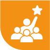 Orange icon featuring a group of three people, with a raised arm and a star above them, representing student leadership, recognition, or achievement.