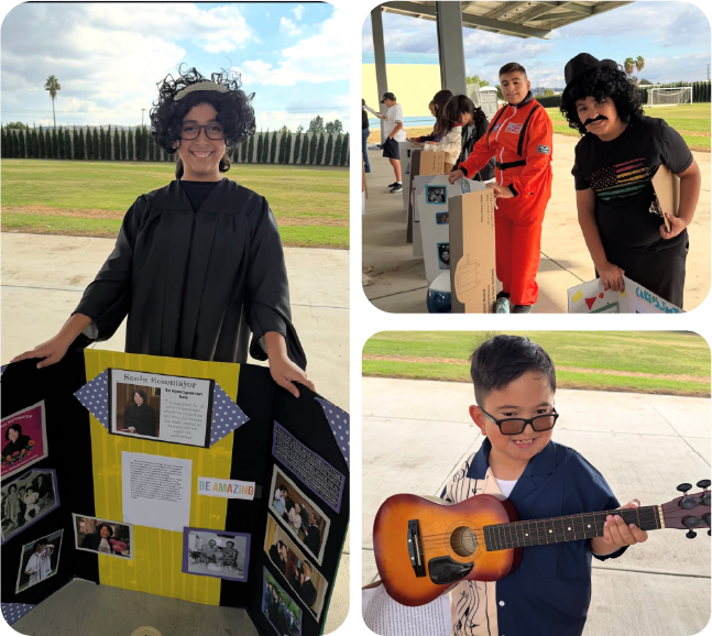 Photo collage of students showcasing their creativity and school projects. One student poses with a decorated presentation board, two students display projects outdoors in costumes, and another student holds a guitar.