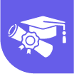 Purple icon featuring a white graduation cap, diploma, and academic award ribbon.