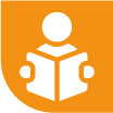 Orange icon of a person holding an open book, symbolizing learning and education