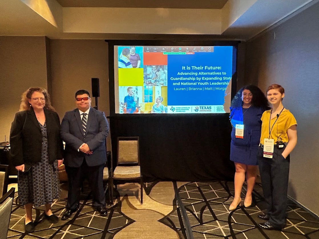 From left to right Morgan Whitlatch from The Center for Public Representation and Matthew Leos a Texas Youth Ambassador and Brianna TenBrink and Lauren Gerken from the Texas Council for Developmental Disabilities.  
