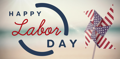 Digital composite image of happy labor day text with blue outline against pair of wedding ring on sand