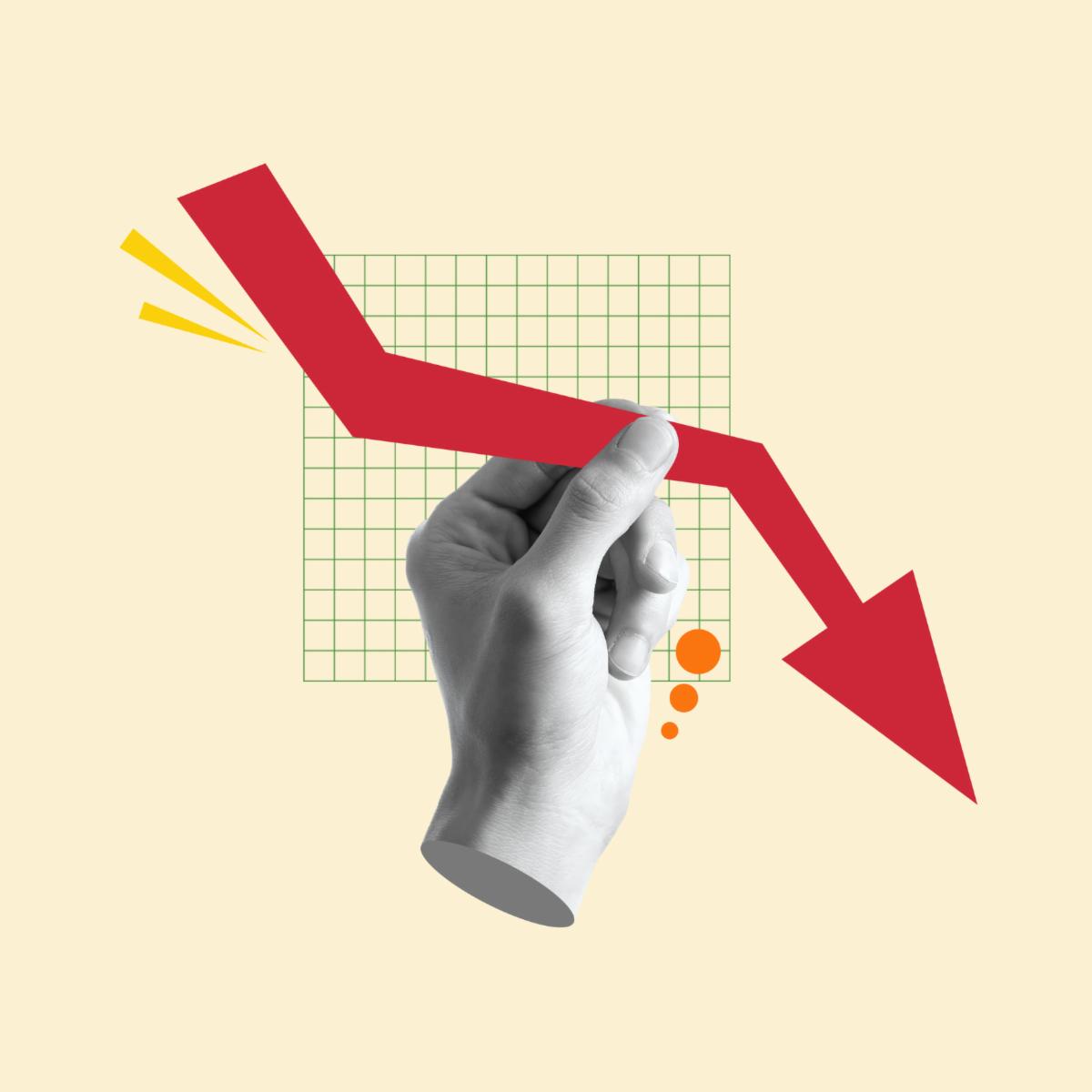 Contemporary art collage of hand holding an arrow showing fall.  Modern design. Copy space.