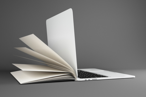 Abstract open book laptop on subtle background with copy space. Mock up_ Online education and webinar concept. Mock up_ 3D Rendering