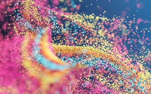 Colored particles with blue background_ 3d rendering. Computer digital drawing.