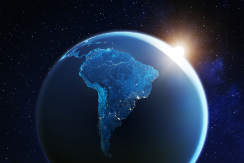 South America viewed from space with sunrise on planet Earth and stars_ overview of Amazon river and forest_ night lights from cities in Brazil_ Argentina_ Chile_ Peru_ map elements from NASA_ 8k