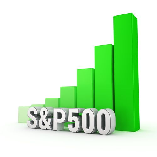 American main index grows. Word S P500 against the green rising graph. 3D illustration image