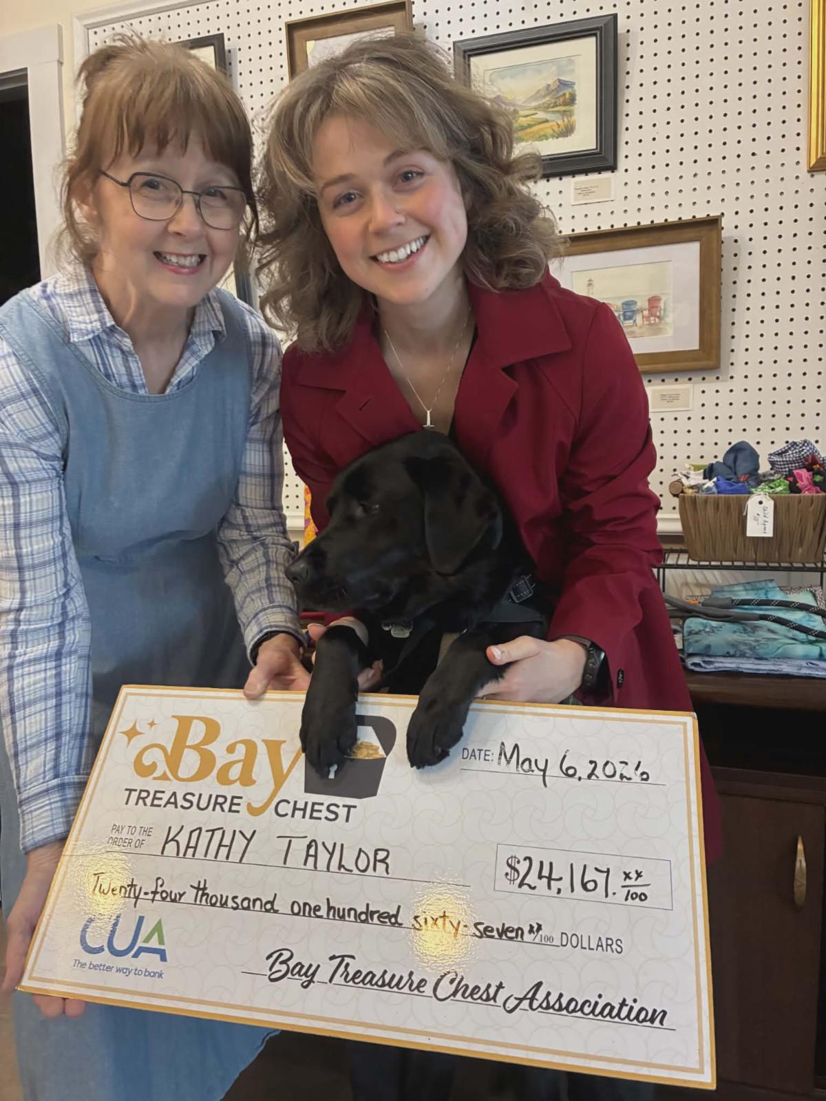 2 women with a black dog holding an oversized cheque