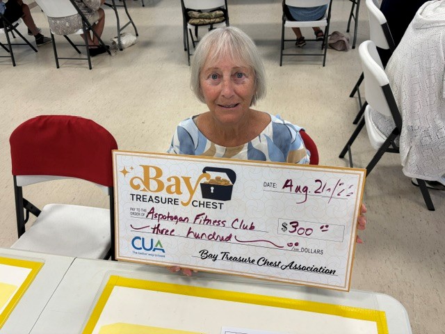 a woman in a blue and white top holding an oversized honorarium cheque