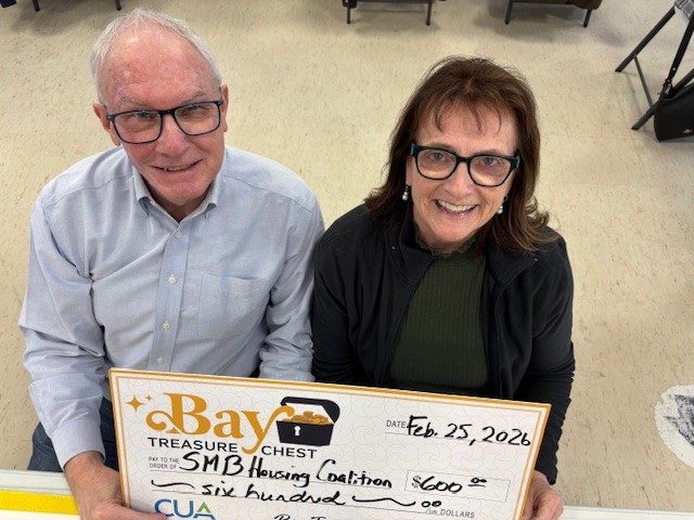 Man in light blue shirt and woman in dark coloured sweater holding large honorarium cheque