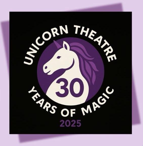Logo with unicorn saying Unicorn Theatre 30 Years of Magic