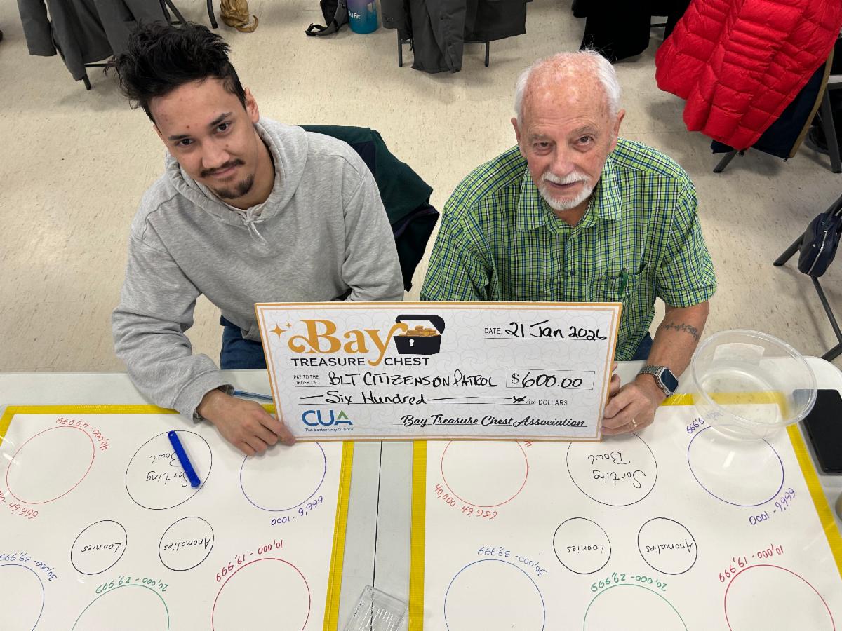 man in grey sweater and man in green shirt holding oversized honorarium cheque