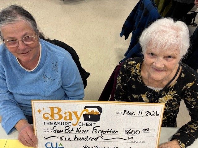 woman on the left wearing a blue top and woman on right wearing a black and gold top holding an oversized honorarium cheque