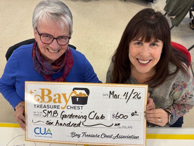 woman in blue top and woman in grey top holding oversized honorarium cheque