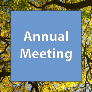 Annual Meeting on a blue background with autumn tree in the background