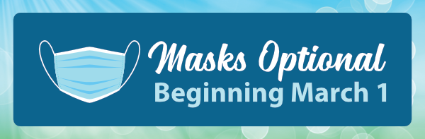 Masks Optional Beginning March 1 with a mask icon against a blue background