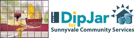 Stained glass window of communion bread and wine next to the DipJar logo