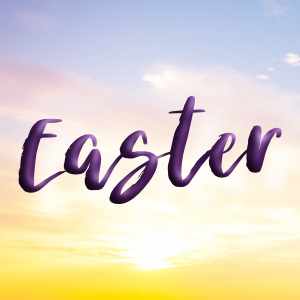 The word Easter in purple script over a pastel sunrise background