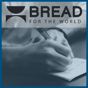 Bread for the World logo over a blue-tone photo of a hand holding a pen and writing a letter