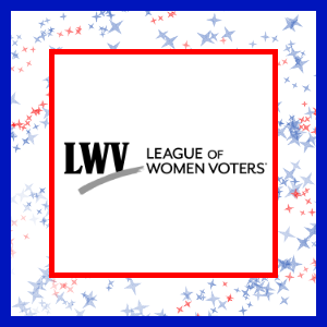 League of Women Voters logo framed in red white and blue stars
