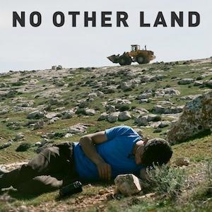 Movie poster for No Other Land documentary is a man sleeping in a rocky field with a bulldozer in the distance