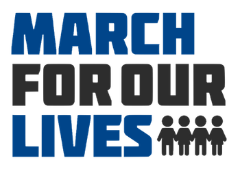 March For Our Lives event logo with blue and black block lettering with four little universal people icons representing children