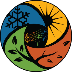 Clipart of the four seasons in a colorful circle with music notes in the center