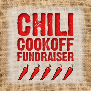 Chili Cookoff Fundraiser in red text with five red chili peppers below it on a burlap background