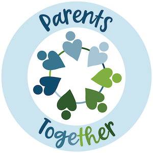 Parents Together logo is a blue circle with blue and green heart-people in a connected circle inside