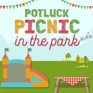the words Potluck Picnic in the Park in the sky above clipart of a bounce house and picnic table in a park